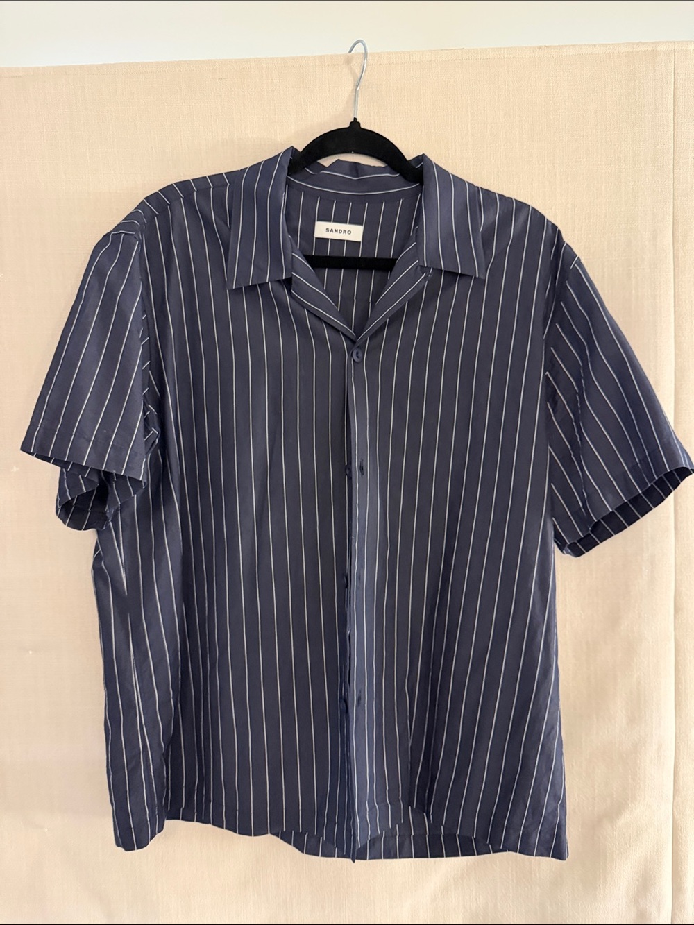 Sandro Navy Blue Pinstripe Short-Sleeve Button-Up Shirt